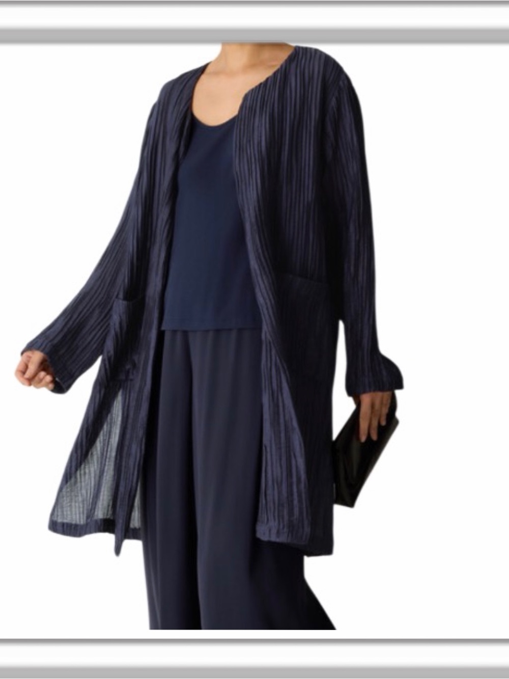 EILEEN FISHER Crinkle Shimmer Open Front Jacket Top Knee Length Size Large Navy
